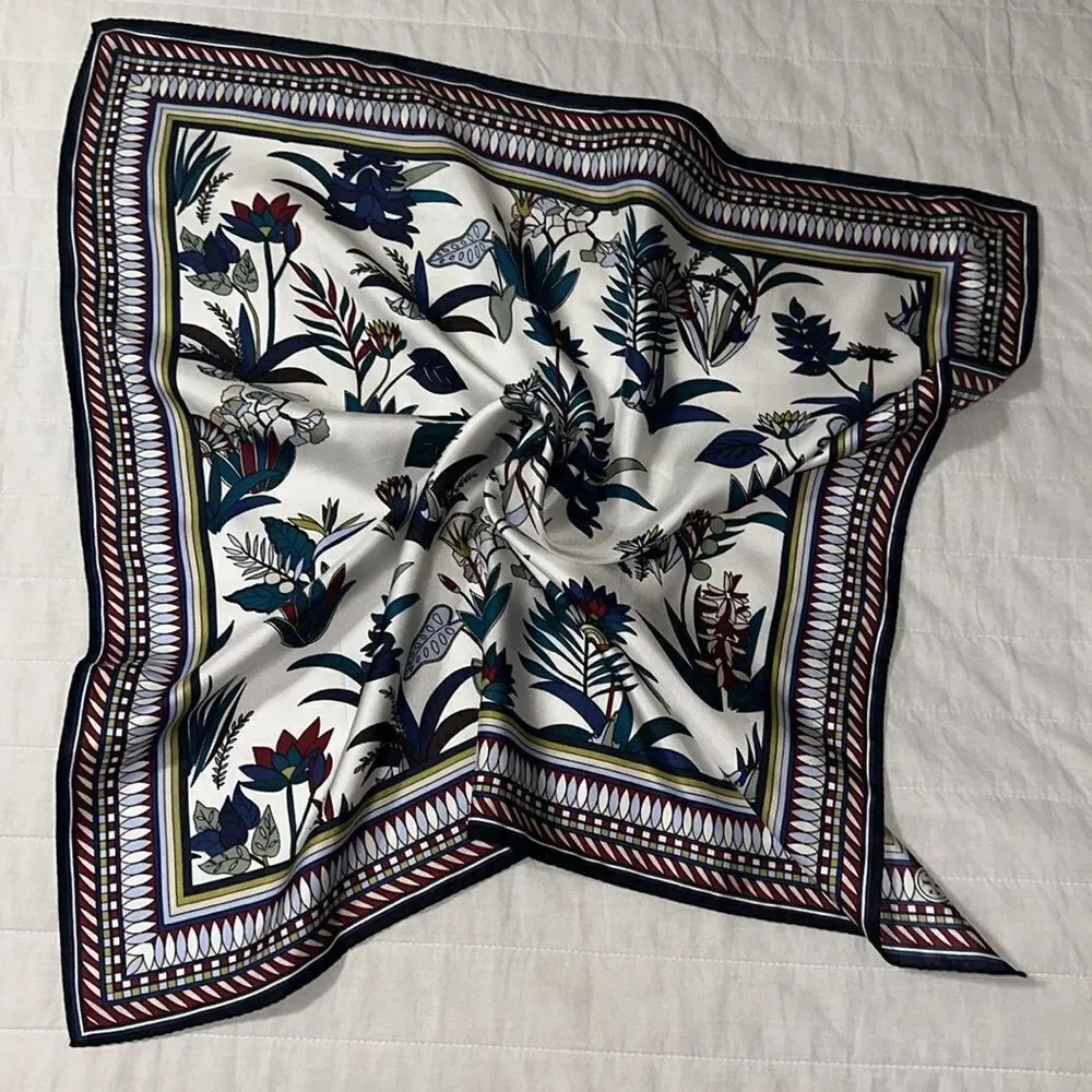 Tory Burch White Navy Green Teal Rust Burgundy Blue Floral Square Scarf
